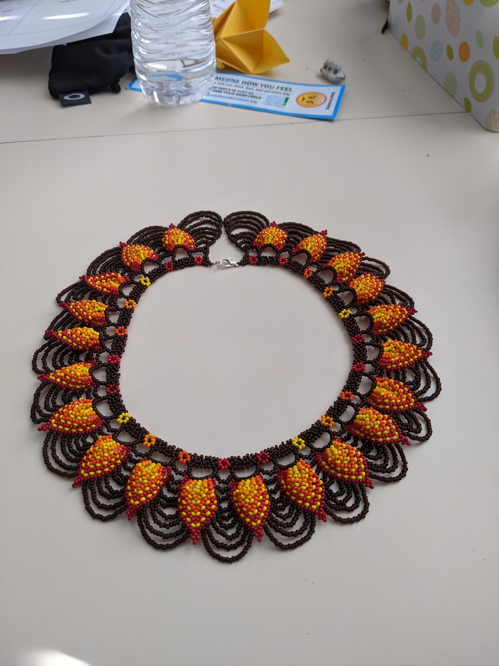 Handcrafted Beaded Floral Collar Necklace - Yellow Orange Brown
